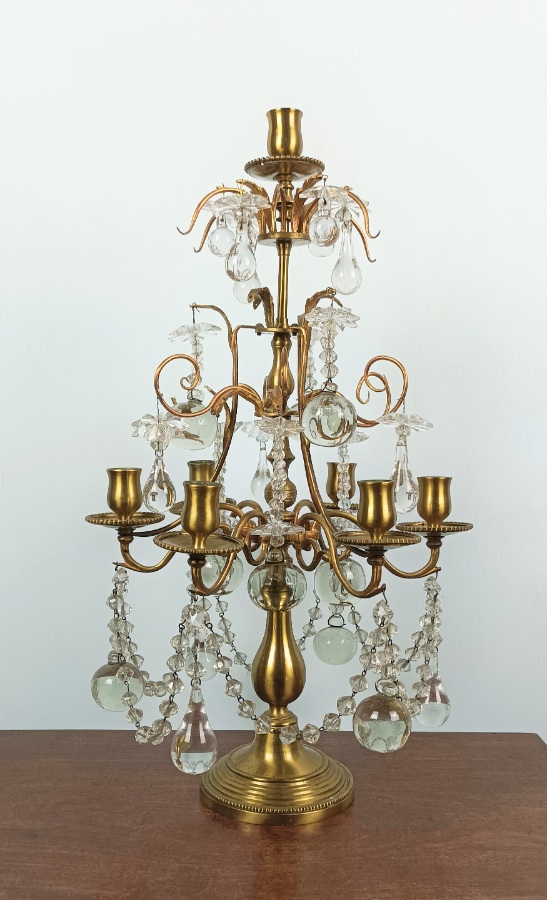 A Louis XVI Style Gilt MetalBrass and Glass Three Armed Candelabra (1).jpg